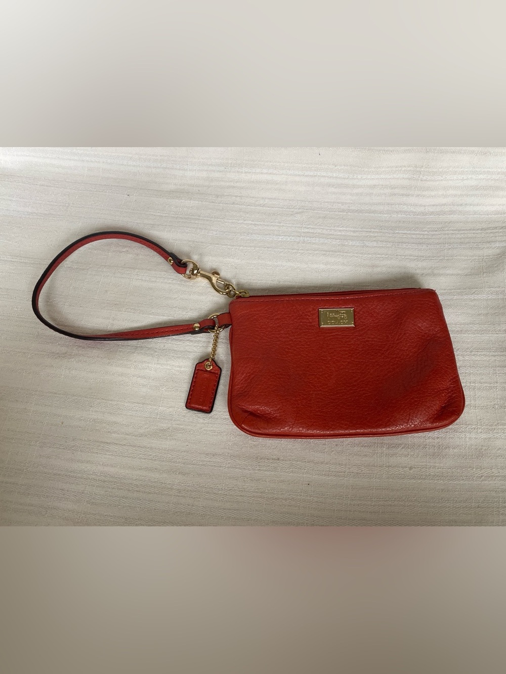 Coach Poppy Pebble Leather Wristlet - Coral Red With Gold Tone - Clutch /Wallet